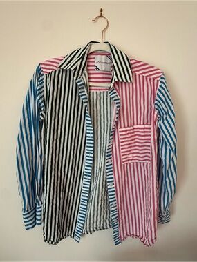 Addison Bay Striped Patchwork Button-Down Shirt — Pink, Blue, Black